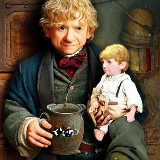 Prompt: bilbo baggins gets on instagram, realistic oil painting, style of norman rockwell, 8 k, super sharp, ultra detail, rule of thirds.