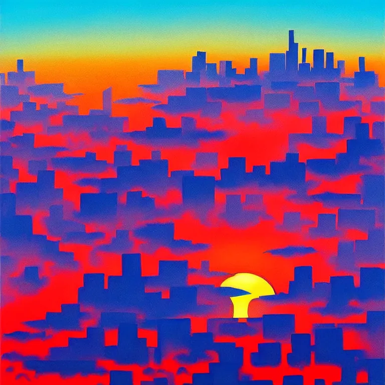 Image similar to birdseye view of a sunrise over a city, art by earle, eyvind