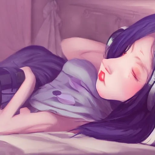 Image similar to lofi hiphop girl lying in bed listening to music by Wenqing Yan, WLOP, Zumidraws, OlchaS Logan cure liang Xing