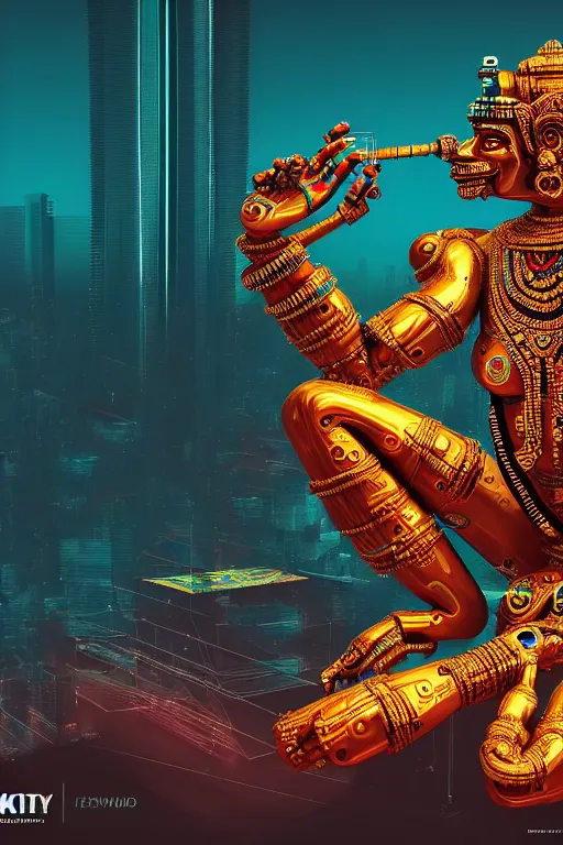 Image similar to high quality 3 d render colorful deconstructed cyborg! hanuman sitting, gold madhubani, highly detailed, cyberpunk!! mumbai in the background, vray cinematic smooth, liam wong, moody light, low angle, uhd 8 k, sharp focus