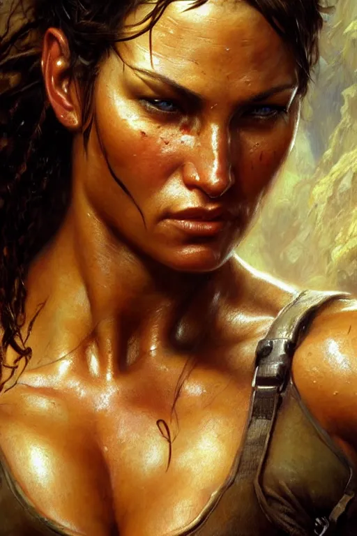 Image similar to muscular sweat lara croft, exhausted face close up, highly detailed painting by gaston bussiere, craig mullins, j. c. leyendecker 8 k