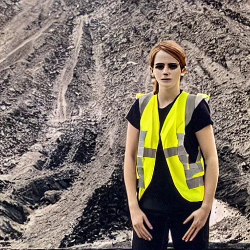 Image similar to photo, close up, emma watson in a hi vis vest, inside coal mine, portrait, kodak gold 2 0 0,