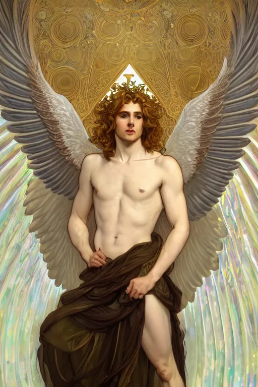Prompt: fullbody portrait of a beautiful young fit male angel with curly blond hairs, detailed face, dressed with long fluent clothes, majestic symmetrical eagle wings, luminous halo, by greg rutkowski and alphonse mucha, gradient white to gold, in front of an iridescent background, highly detailed portrait, digital painting, artstation, concept art, smooth, sharp focus illustration