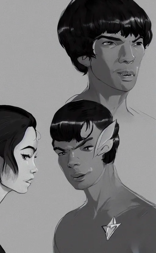 Image similar to Celia Rose Gooding as Uhura and Ethan Peck as Spock caught about to kiss, surprise, cute, innocent, soft lighting, standing in a starbase bar, In style of Yoji Shinkawa, wojtek fus, by Makoto Shinkai, concept art, highly detailed