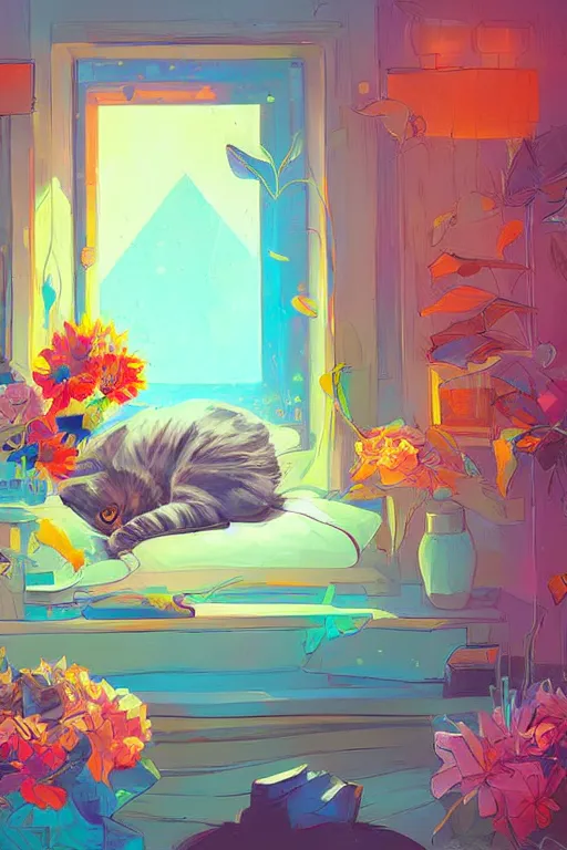 Image similar to a digital art of a cat sleeping in the room with flowers around in the afternoon, the sun shines in, animal, light effect, highly detailed, by anton fadeev