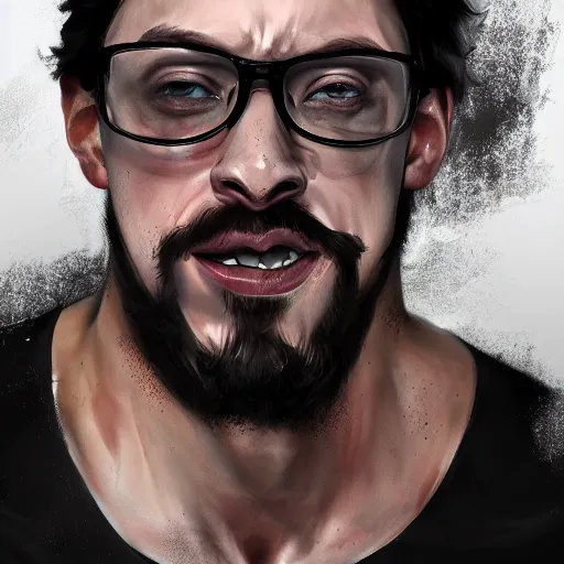 Image similar to Gigachad Sam Hyde flexing muscular body, wearing black shorts and white sneaker shoes, portrait of by Stanley Artgerm Lau, WLOP, Rossdraws, James Jean, Andrei Riabovitchev, Marc Simonetti, Yoshitaka Amano, ArtStation, CGSociety,