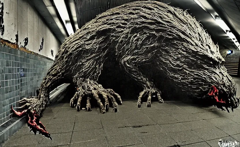 Image similar to very large giant mutant zombie irradiated ( angry rat ) staying on railways in tonnel of moscow subway. tonnel, railways, giant angry rat, furr, fangs, claws, very realistic. extreme long shot, wide angle, herman nitsch and herman nitsch, giger.