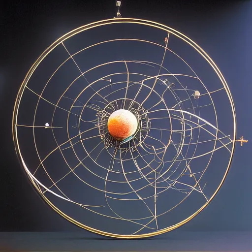 Image similar to a kinetic sculpture of this solar system, sun, orrery, canon 5 d 5 0 mm lens, papier - mache, studio, circa 1 9 9 9
