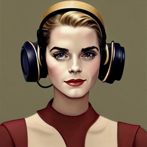 Image similar to A combination of Grace Kelly's and Emma Watson's and Ashley Greene's appearances with blonde hair wearing Power armor and a headset, full body portrait, western, D&D, fantasy, intricate, elegant, highly detailed, digital painting, artstation, concept art, matte, sharp focus, illustration, art by Donato Giancola and James Gurney