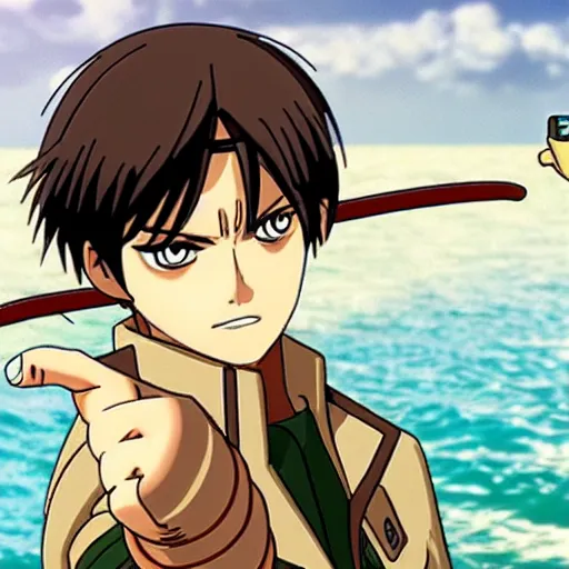 Image similar to eren jaeger pointing at a sausage over the sea