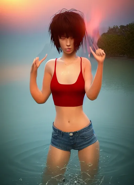 Image similar to gorgeous girl, symmetrical face, short red hair, crop top, daisy dukes shorts. by art germ, trending on artstation, unreal engine, octane render, cinematic, ultra detailed, 4 kmagical, lights, sunset, mysterious, serene, sunlight, ocean, flowing, floating water, splashing water, glowing, mystical, mysterious, lights, bokeh. 4 k