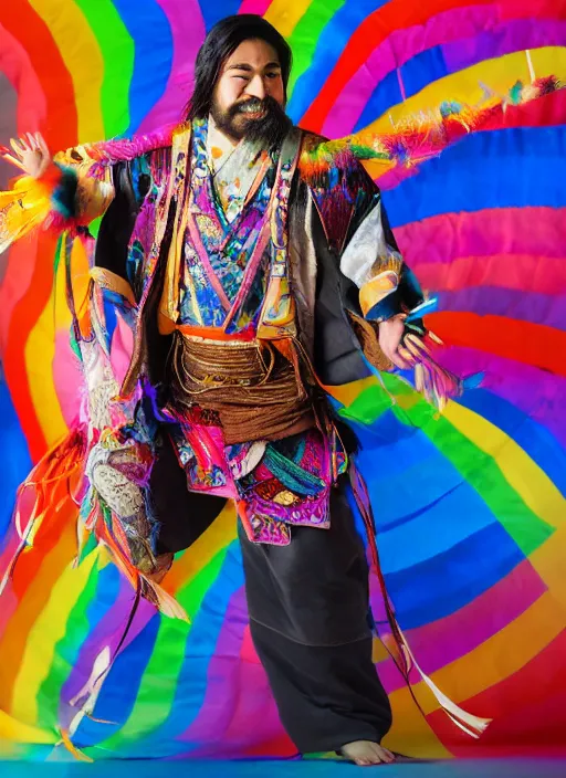 Image similar to japanese man with short hair and a beard wearing a native indian outfit, dancing next to a rainbow, full body portrait, dynamic lighting