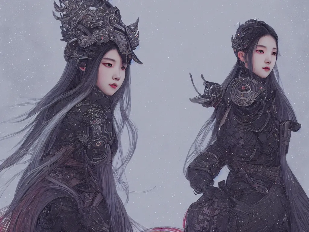Prompt: portrait jisoo blackpink, grey hair armored samurai clothes, in snowy japanese temple night, ssci - fi and fantasy, intricate and very very beautiful and elegant, digital painting, artstation, concept art, smooth and sharp focus, illustration, art by tian zi and wlop and alphonse mucha