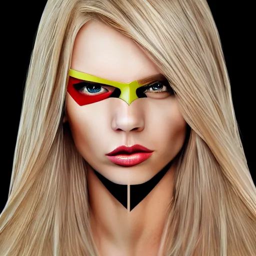 Image similar to hyper realistic portrait of superhero with blonde two sides hair and thin face lines