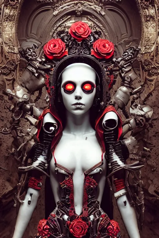 Image similar to full-body cyberpunk style sculpture of a young beautiful dark priestess, half android with a head opening exposing circuitry, glowing red eyes, black roses, flowing blood red colored silk, fabric, candles. baroque elements, human skull. full-length view. baroque element. intricate artwork by caravaggio. crows flying in background. Trending on artstation, octane render, cinematic lighting from the right, hyper realism, octane render, 8k, depth of field, 3D