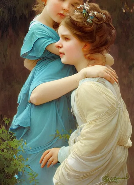 Prompt: a cute little girl with a round cherubic face, blue eyes, and short wavy light brown hair hugging her grandma. she is wearing a turquoise dress. beautiful painting by artgerm and greg rutkowski and alphonse mucha