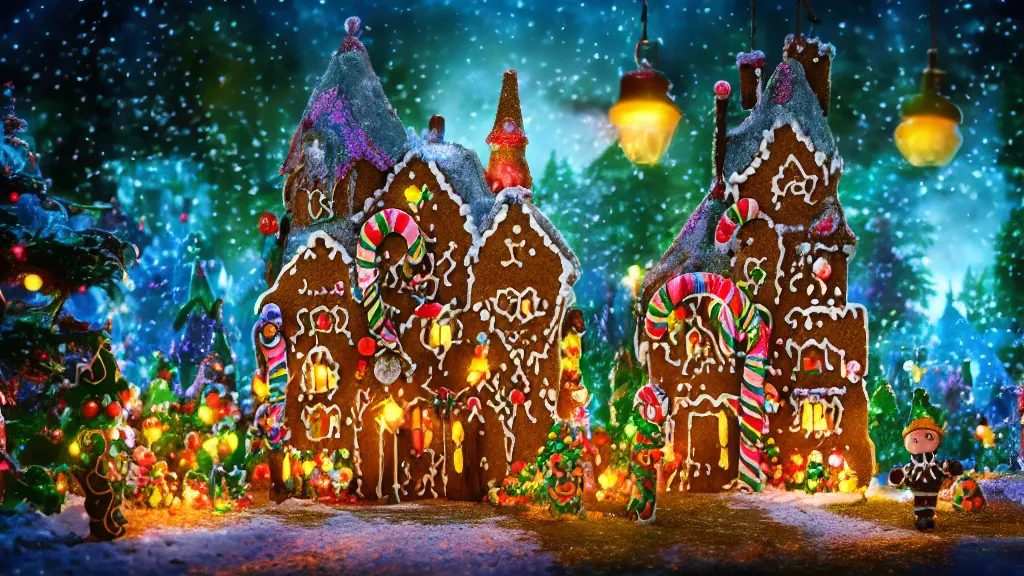 Prompt: gingerbread candy village, colorful, fantasy, fairytale, intricate, forest, fireflies, flowers, halloween, christmas, hansel and gretel, bokeh, medium shot, visually stunning, depth of field 1 0 0 mm ( cinematic scene, studio lighting, matte painting, concept art, trending on artstation, artgerm, cgsociety )