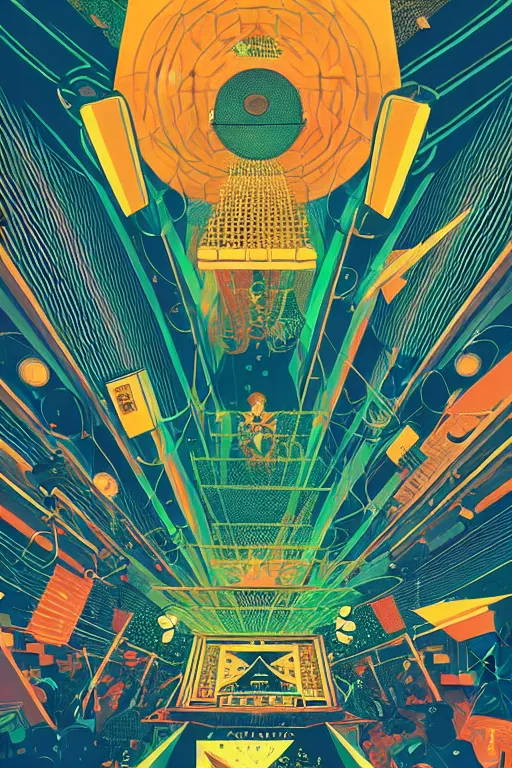 Image similar to giant concert festival truss with professional loud speakers, wall of sound, music recording studio, poster art by victo ngai, ori toor, kilian eng behance contest winner, crystal cubism, poster art, cubism, tarot card, psychedelic art, concert poster, poster art, maximalist