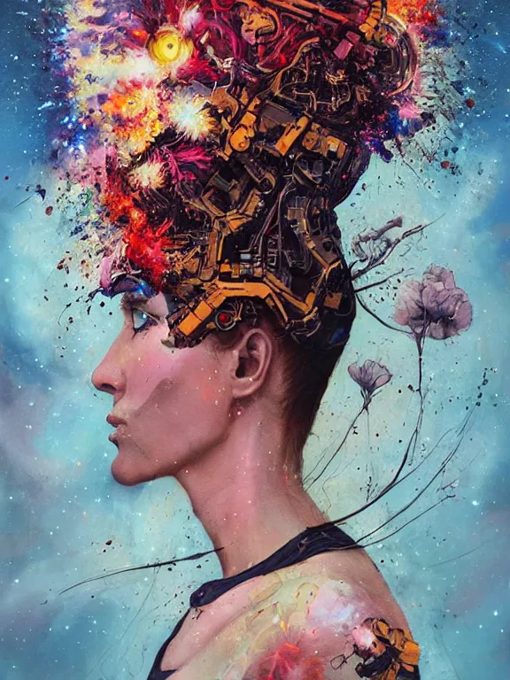 Prompt: art portrait of astronaut with flower exploding out of head,8k,by tristan eaton,Stanley Artgermm,Tom Bagshaw,Greg Rutkowski,Carne Griffiths,trending on DeviantArt,face enhance,hyper detailed,minimalist,cybernetic, android, blade runner,full of colour,