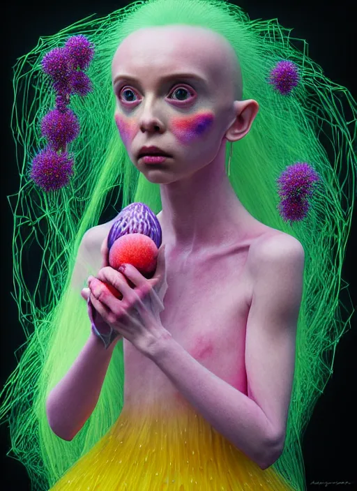 Image similar to hyper detailed 3d render like a Oil painting - kawaii portrait Aurora (a girl with skin like a skeksis from dark crystal that looks like millie bobby brown and Krysten Ritter) seen Eating of the Strangling network of yellowcake aerochrome and milky Fruit and His delicate Hands hold of gossamer polyp blossoms bring iridescent fungal flowers whose spores black the foolish stars by Jacek Yerka, Ilya Kuvshinov, Mariusz Lewandowski, Houdini algorithmic generative render, Abstract brush strokes, Masterpiece, Edward Hopper and James Gilleard, Zdzislaw Beksinski, Mark Ryden, Wolfgang Lettl, hints of Yayoi Kasuma, octane render, 8k