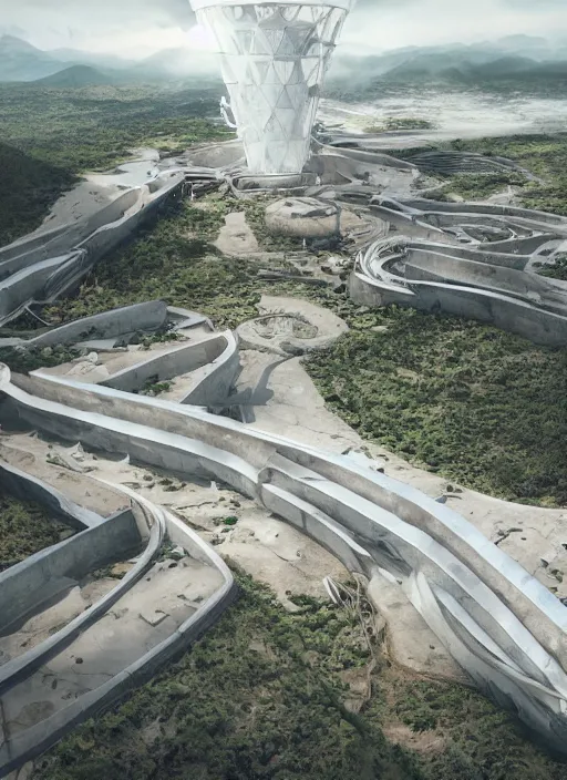 Image similar to techno chuquicamata bioremediation white mining tailing futuristic horizontal architecture, epic, cinematic, hyperealistic, high detailed, corona render, hdr, ray tracing