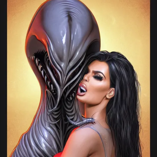 Image similar to kim kardashian being licked menacingly by an xenomorph, highly detailed, photorealistic, artstation, smooth