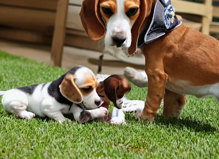 Prompt: beagle and baby playing together