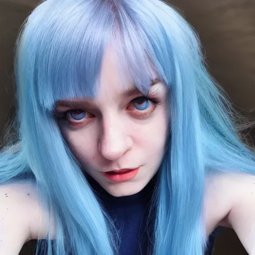 Image similar to a pale girl with blue hair, fringe, soft facial features, looking directly at the camera, neutral expression, instagram picture