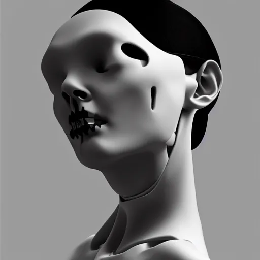 Prompt: black and white dreamy foggy smoky profile face portrait, single skeletal biomechanical beautiful young female cyclops - cyborg - robot bust, body ribs meshes, ray - traced, volumetric light, rim light, by dora maar and cecile beaton, big gothic fashion pearl embroidered collar, 8 k