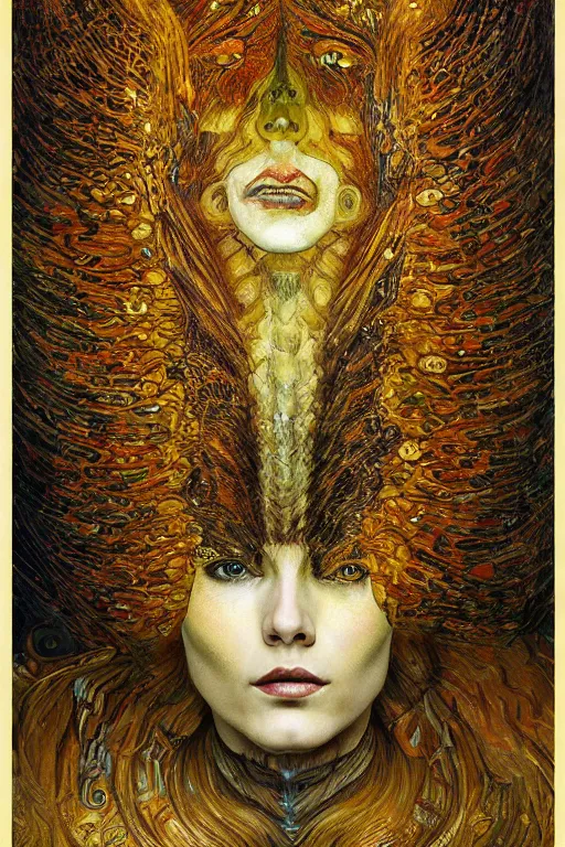 Prompt: Metamorphosis by Karol Bak, Jean Deville, Gustav Klimt, and Vincent Van Gogh, transformational chimera portrait, visionary, hair made of cicada wings, transformation, chimera, metamorphosis, otherworldly, fractal structures, ornate gilded medieval icon, third eye, spirals, horizontal symmetry