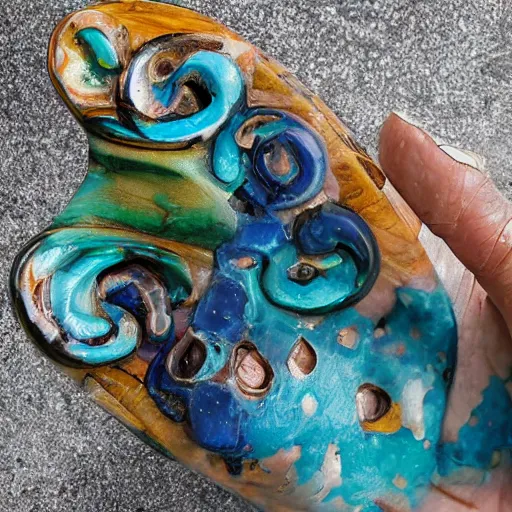 Prompt: “hand sculpture made from colorful gemstone, 35 mm product photo”