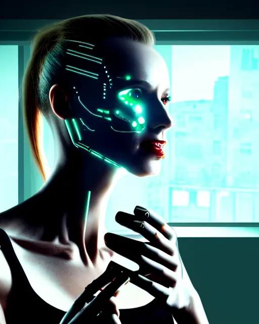 Image similar to a terminator cyborg lady with borg implants and a gorgeous human face is drinking coffee near a window with dystopian city visible outside. tiny green led lights in her cybernetics. very detailed 8 k. horror cyberpunk style.