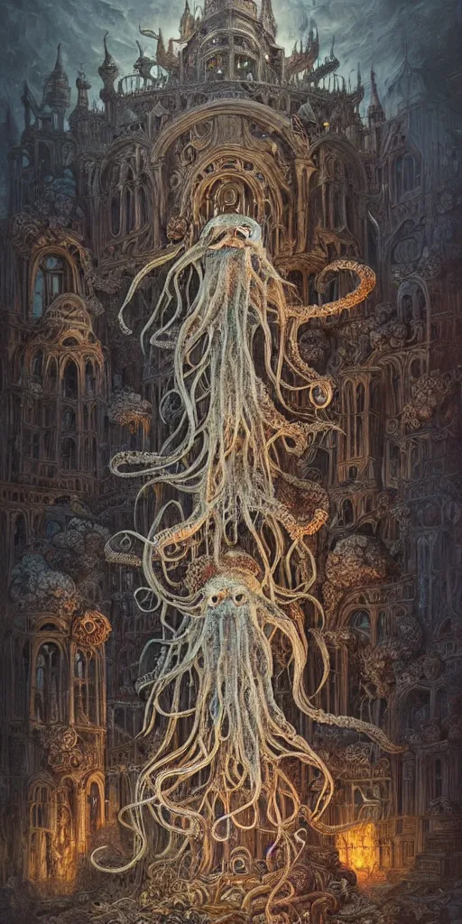 Prompt: group of mankind mages with octopus heads with jellyfish inside an ancient mage castle hall colossal scale, gothic and baroque, brutalist architecture, ultradetailed, Intricate by Ellen Jewett and Josan Gonzalez and Giuseppe Arcimboldo