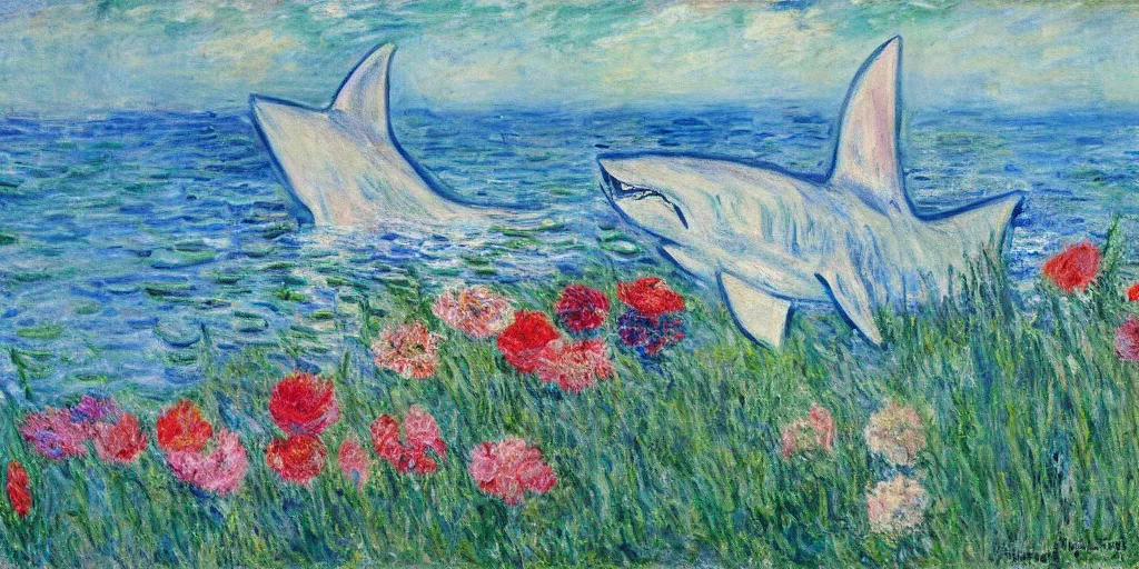 Image similar to flowers as long as the eyes can see, giant shark in the distance, in the style of monet, oil painting, 1 6 k