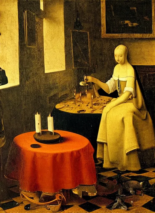 Image similar to a candlelit table at the inn, two people sitting at the table, swirling smoke, dark smoke, realistic, in the style of leonardo da vinci, dutch golden age, amsterdam, medieval painting by jan van eyck, johannes vermeer, florence