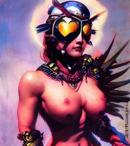 Image similar to portrait of strong korean female chaos angel, beautiful! coherent! by frank frazetta, by brom, strong line, vivid neon color, spiked scrap metal armor, iron helm, high contrast, maximalist