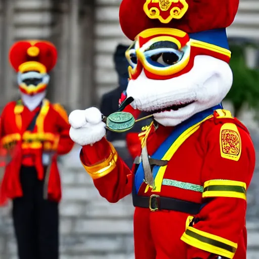 Image similar to an anthropomorphic civil guard with a dragon head and mouse hands receiving a medal