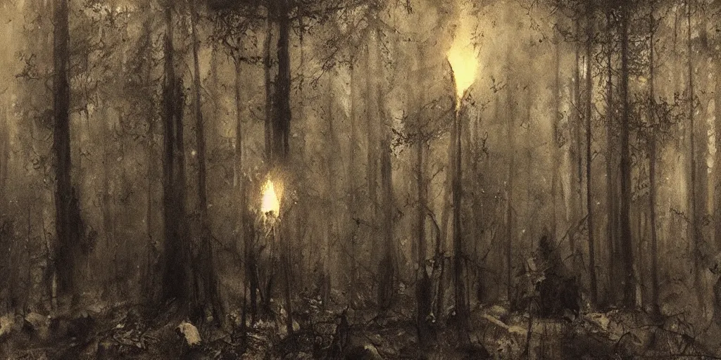 Image similar to bohemian grove in the woods, ominous atmosphere, dark environment, torches source of orange light. art by artem demura