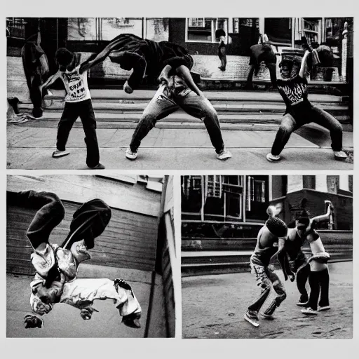 Prompt: breakdancers battling in the bronx in 1984, by Andy Warhol, gritty, energetic, detailed, Moody lightning, trending on artstation