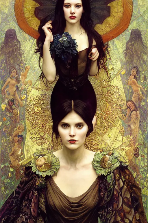 Image similar to masterpiece painting of ephemeral vampire raven haired girl by donato giancola, darius zawadzki and tom bagshaw, face by artgerm and edmund leighton, alphonse mucha, background by james jean and gustav klimt, 8 k, horror, dark color palette, volumetric lighting, porcelain skin, french nouveau, trending on pixiv