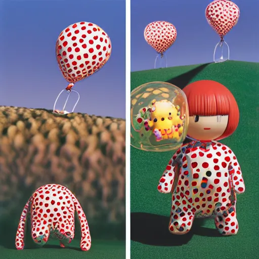 Prompt: yayoi kusama locked in an infiniti room cosplay jeff koons ballon dog, nendroid, art by wgreg rutkowski. during golden hour. extremely reflective.