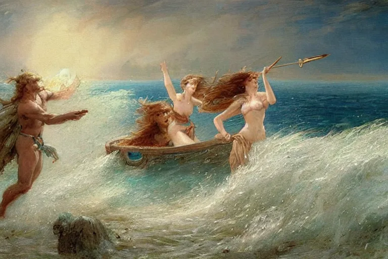 Image similar to painting of a mythical hero crossing the ocean on a small boat fighting a humanoid personification of a wave. a personification of the moon overlooks the fight. art by gaston bussiere.