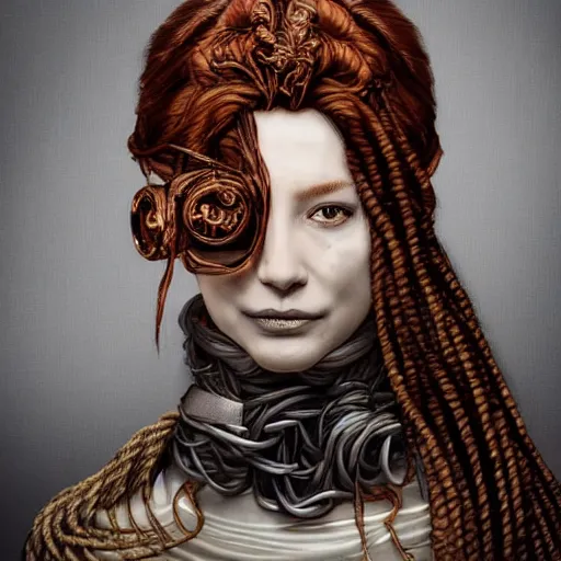 Image similar to portrait of a Shibari rope wrapped face and neck, headshot, insanely nice professional hair style, dramatic hair color, digital painting, of a old 17th century, old cyborg merchant, amber jewels, baroque, ornate clothing, scifi, realistic, hyperdetailed, chiaroscuro, concept art, art by Franz Hals and Jon Foster and Ayami Kojima and Amano and Karol Bak,