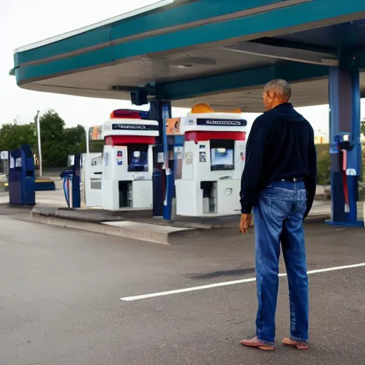 Image similar to barack obama at a gas station, with a fade haircut, wearing ripped jeans, photograph, 4 k