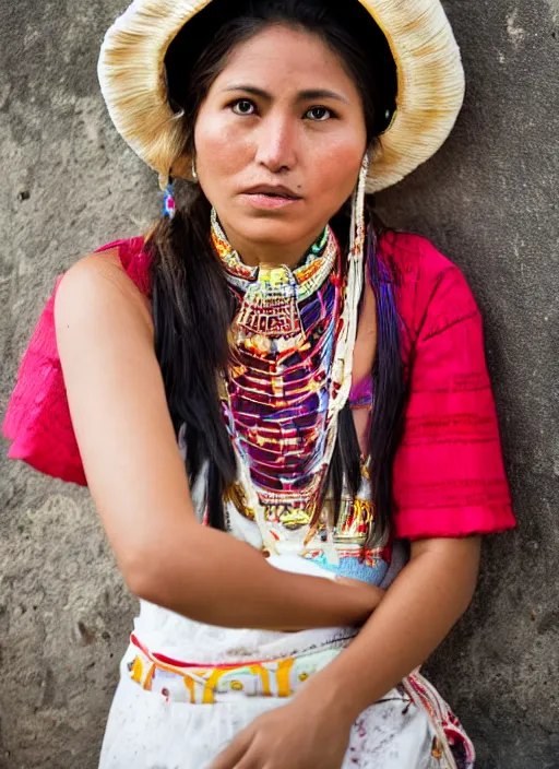 Image similar to Mid-shot portrait of a beautiful, breathtaking 25-year-old woman from Peru, wearing a traditional outfit, candid street portrait in the style of Martin Schoeller award winning, Sony a7R