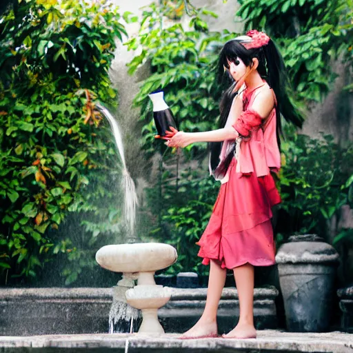 Image similar to anime girl in a greek attire pouring water out of a gourd into a fountain, spanish alleyway