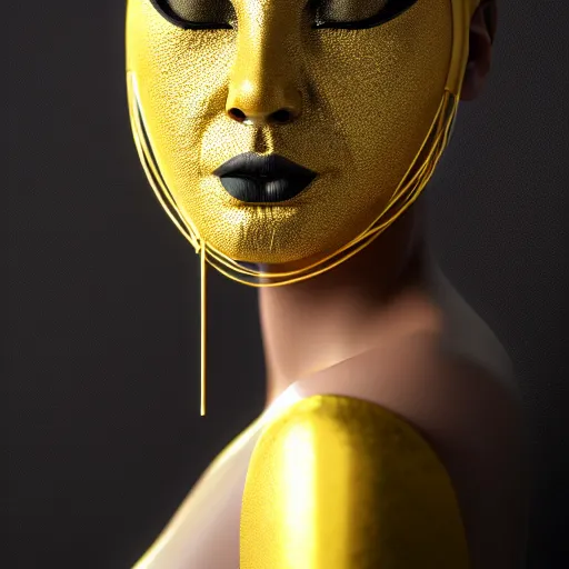 Image similar to ( ( ( ( ( hyperrealist portrait of a women wearing a black mask with golden wires on her head. ) ) ) ) ) photorealistic, octane render, unreal engine, dynamic lighting, bet face, beautiful, wlop, cute, perfect factions, trending on artstation, poster, volumetric lighting, very detailed faces, 4 k, award winning