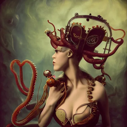 Prompt: photorealistic soft paint underwater render of a curiosities carnival with a single young beautiful doll in a full steampunk corset, multiples very long tentacles, symmetry accurate features, ominous depths, elegance, refractions, reflections, focus, rainbow lighting, very high details, award winning masterpiece, octane, artstation, squids, by tom bagshaw