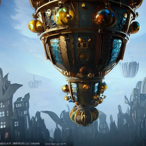 Image similar to enormous flying city in a faberge egg, sky, steampunk, fantasy art, masterpiece, unreal engine