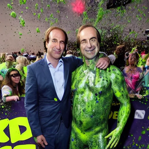 Prompt: Saul Goodman!, covered in green slime!!, ((at the Kid Choice Awards)) , professional photography